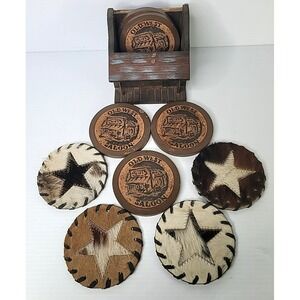 Set of 9 Cowboy Coasters - 4 Cowhide Star Design & 5 Old West Saloon w/ Holder